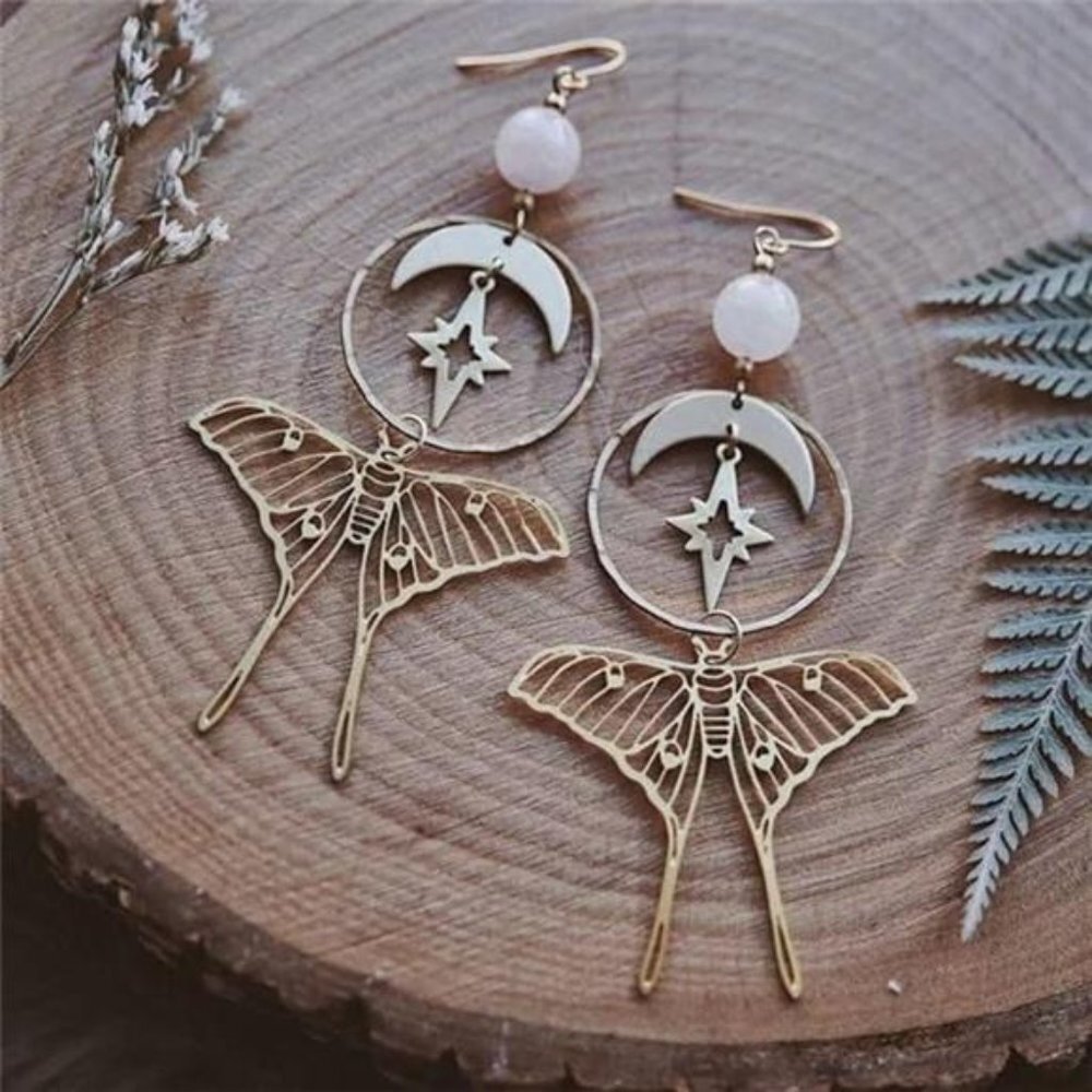 Gold Butterfly‎ Moth & Moon Drop Statement Earrings Gothic Boho Dangle Earrings